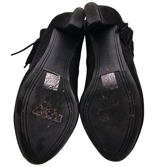 Express Womans size 6 Slouch Tassel Faux Suede Calf Boots Black Fabric 4" Heels - Picture 5 of 8